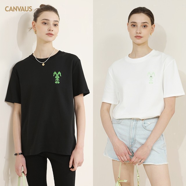 CANVAUS round neck rabbit printed T-shirt for women with shoulders, short sleeves, loose black summer cotton cartoon women's top