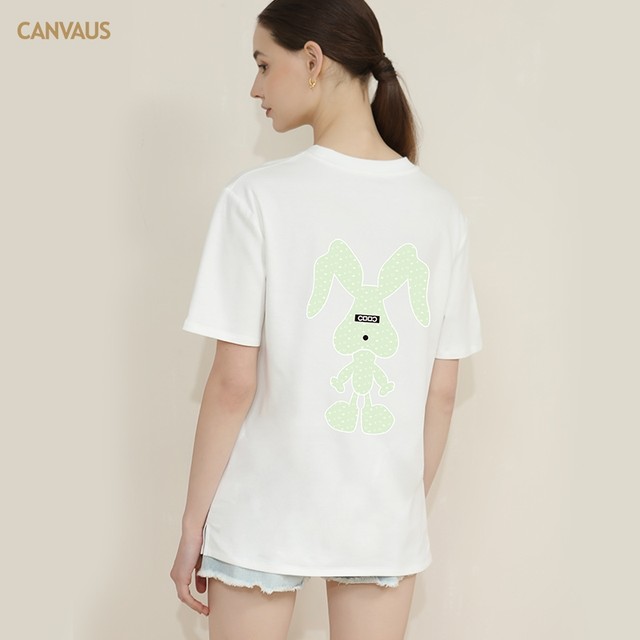 CANVAUS round neck rabbit printed T-shirt for women with shoulders, short sleeves, loose black summer cotton cartoon women's top