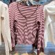 BM light pink striped long-sleeved T-shirt official website Spring and Autumn new casual versatile round neck five-button inner top for women