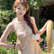 
Acaine long v-neck floral halter neck sleeveless suspender dress for women summer French pastoral vacation skirt