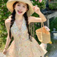 
Acaine long v-neck floral halter neck sleeveless suspender dress for women summer French pastoral vacation skirt