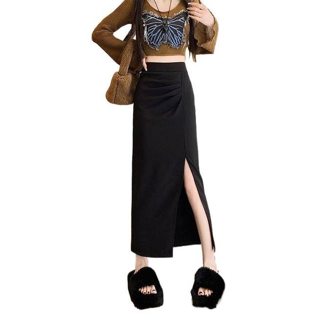 
Designed slit skirt with high waist irregular mid-length autumn and winter slimming new black fashionable pleated one-step skirt