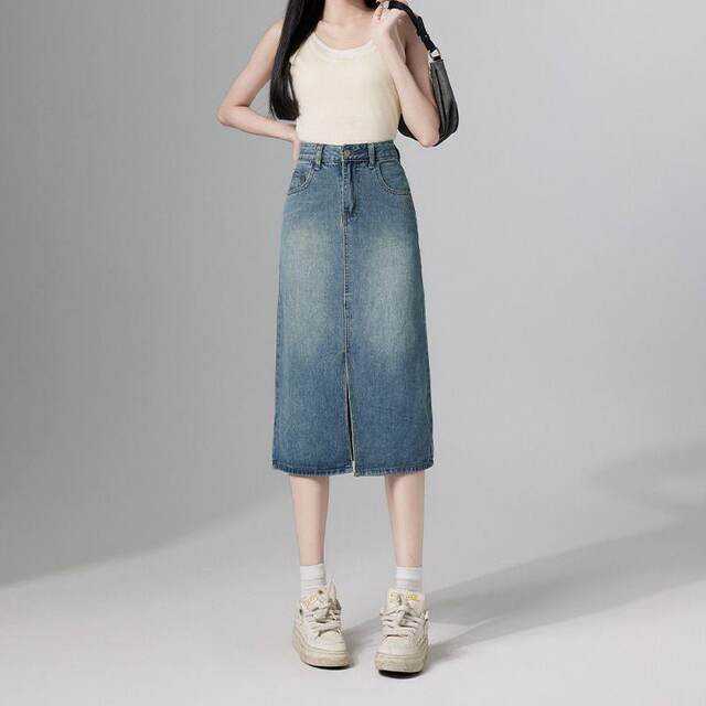 High waist slit denim skirt for women 2024 summer new small a-line skirt retro hip skirt long skirt
