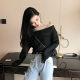 Spring long-sleeved one-length neck off-shoulder top perspective sun protection wrinkle chiffon shirt blouse air conditioning shirt short top for women