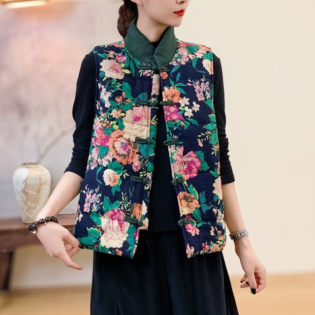 Autumn and winter Northeastern large flower vest printed cotton jacket plate button ethnic style female mother's wear sleeveless coat Tang suit waistcoat