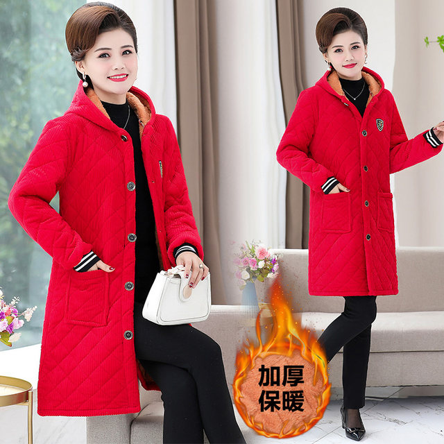 Middle -aged and elderly loose cotton covers with velvet women's middle and long mothers in winter plus velvet jacket cotton jacket thickened warm sleeve hanging
