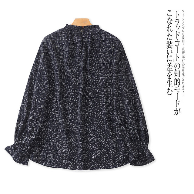 Foreign Trade Daily Single Women's Flag Cuff Shirt Spring New Style Wood Earring Round Neck Loose Fashion Polka Dot Shirt
