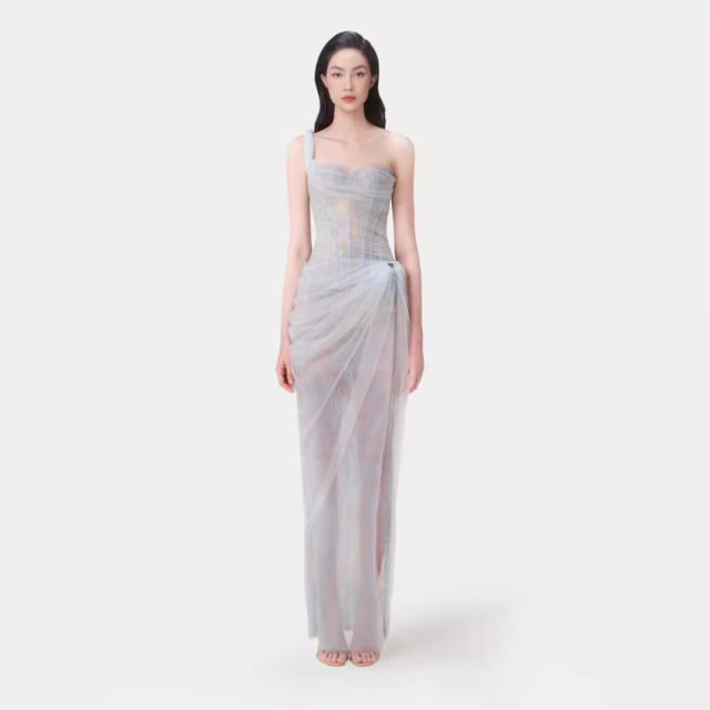 2025 summer new pure sexy lace solid color one-shoulder dress dress small dress design sense 1740
