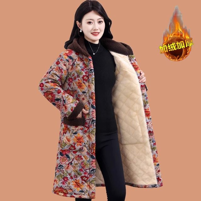 Mom's winter clothes plus velvet thickened floral cotton coat jacket middle-aged and elderly women's mid-length cotton jacket warm hooded cotton jacket