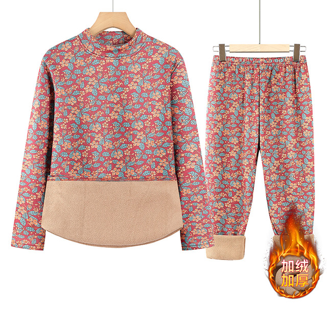 Old lady thermal underwear set, elderly women's clothing, grandma's winter clothing, German velvet plus velvet, thickened mother's autumn clothes and autumn trousers