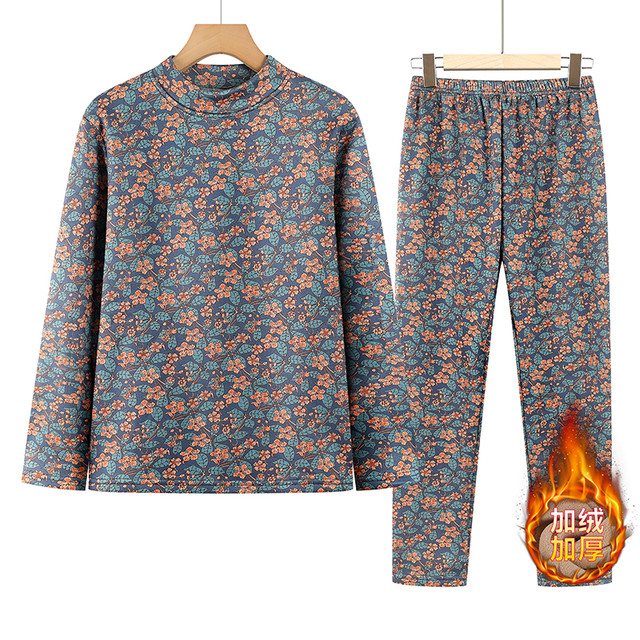 Old lady thermal underwear set, elderly women's clothing, grandma's winter clothing, German velvet plus velvet, thickened mother's autumn clothes and autumn trousers