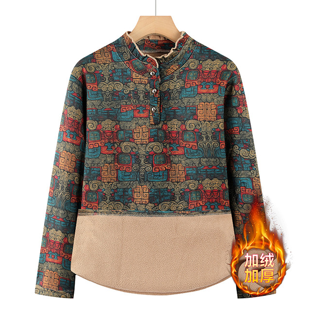 Middle -aged and elderly ladies in the winter bottoming shirt plus a lush flower crushing, a cotton sweater, mother mora, long sleeves, long sleeves
