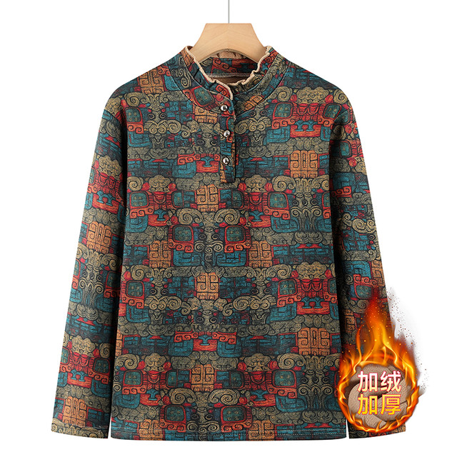 Middle -aged and elderly ladies in the winter bottoming shirt plus a lush flower crushing, a cotton sweater, mother mora, long sleeves, long sleeves
