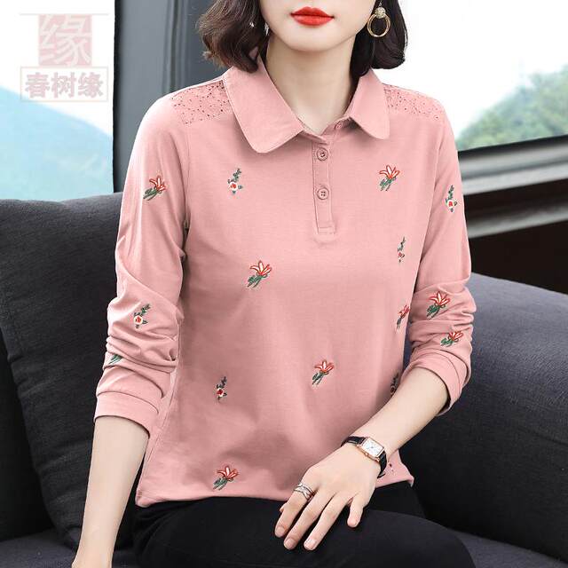 Purple long -sleeved lapel T -shirt female new cotton cotton middle -aged and elderly mother loose shirt pure cotton POLO embroidered top
