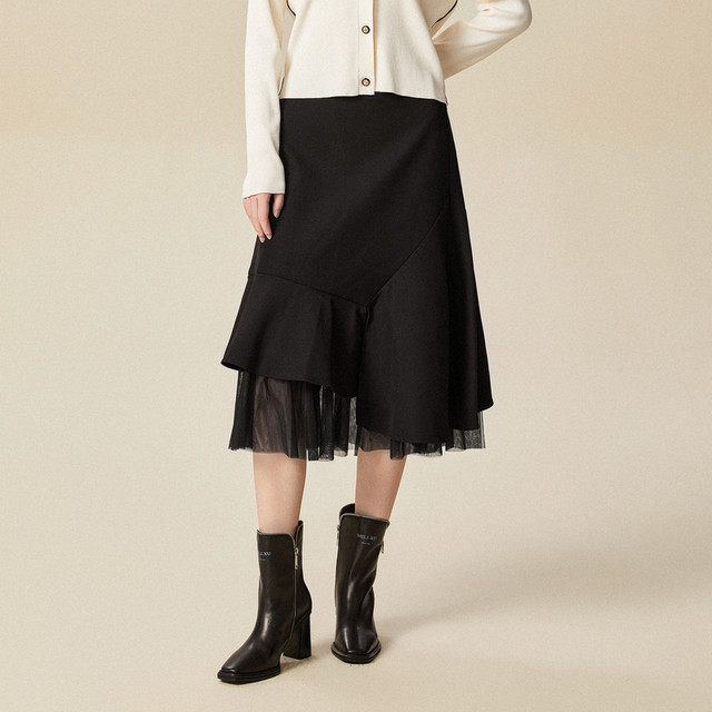 xg Xue Ge 2024 winter style commuting high waist mesh splicing solid color ruffled skirt for women XJ403026A590
