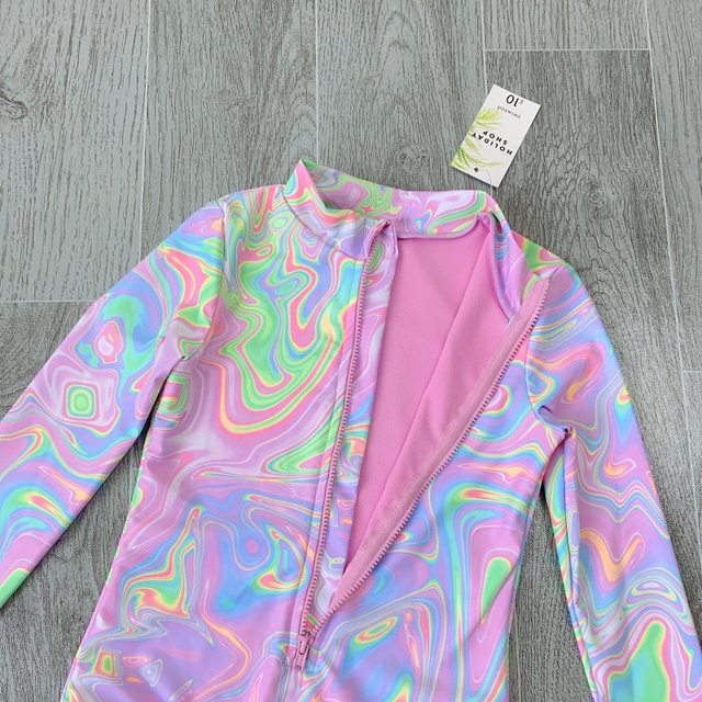 Amber exports to British versions for girls long-sleeved sun protection triangle swimsuit pink and purple front zipper 4-13 years old