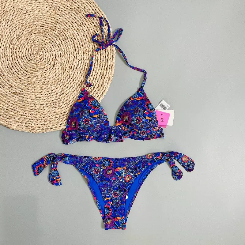 Amber出口法单成人女士蓝花色比基尼游泳衣挂脖性感时尚温泉