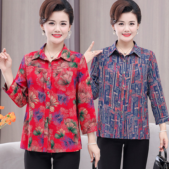 Middle-aged and elderly women's summer clothes, cotton short-sleeved shirt, mother, grandma, artificial cotton large-size cardigan, women's clothes, women's cotton silk
