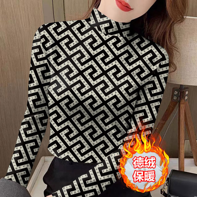 Fall and winter fashion Devlux new warm half-high neck middle-aged and elderly slim long-sleeved tops hot style printed bottoming
