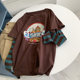 Retro round neck cartoon letter print Striped sleeve fake two T -shirt women contrasting color cotton long -sleeved top female
