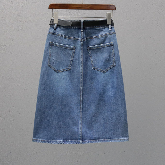 Spring and summer denim skirt for women 2025 new high-waist elastic slimming mid-length side slit A-line skirt versatile skirt