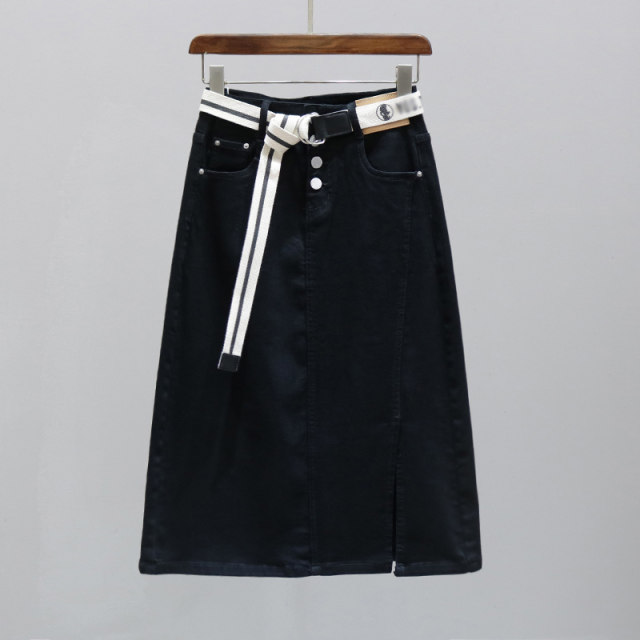 2025 spring and summer mid-length denim skirt for women European products, single-breasted front slit skirt, trendy slim skirt