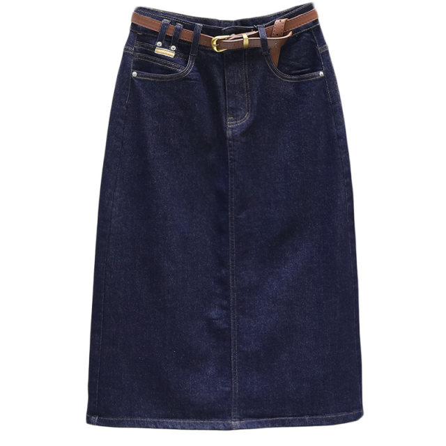 Summer mid-length high-waist denim skirt 2025 loose slim dark blue skirt versatile rear slit hip-pack skirt