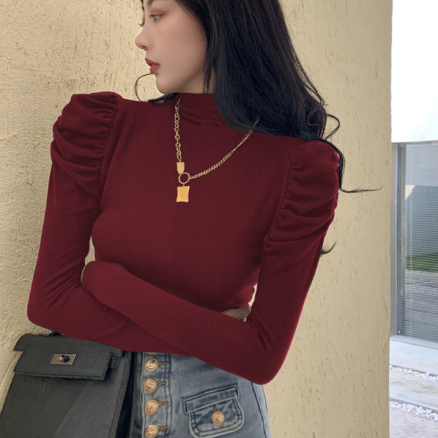 Autumn semi -high collar bottom -up bottom shirt female long -sleeved ...
