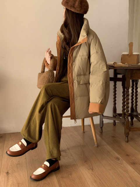 90 White Goosevelt 2024 off-season thickened down jacket for women's casual Korean version loose warm large size goosevelt jacket jacket