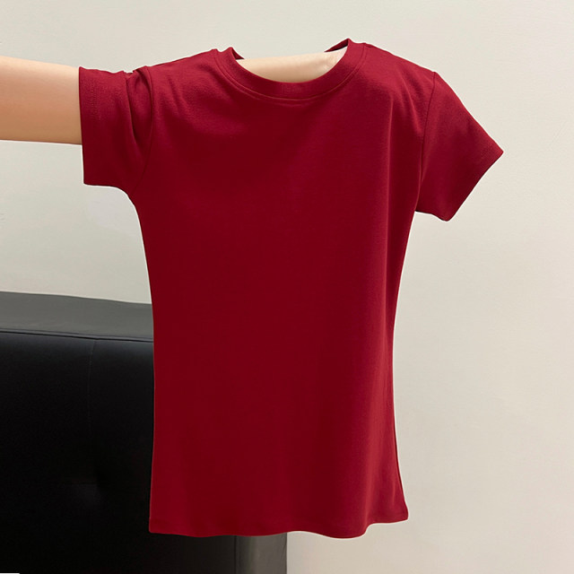 Small round neck threaded red short-sleeved women's T-shirt summer slim 2025 new slim design niche top