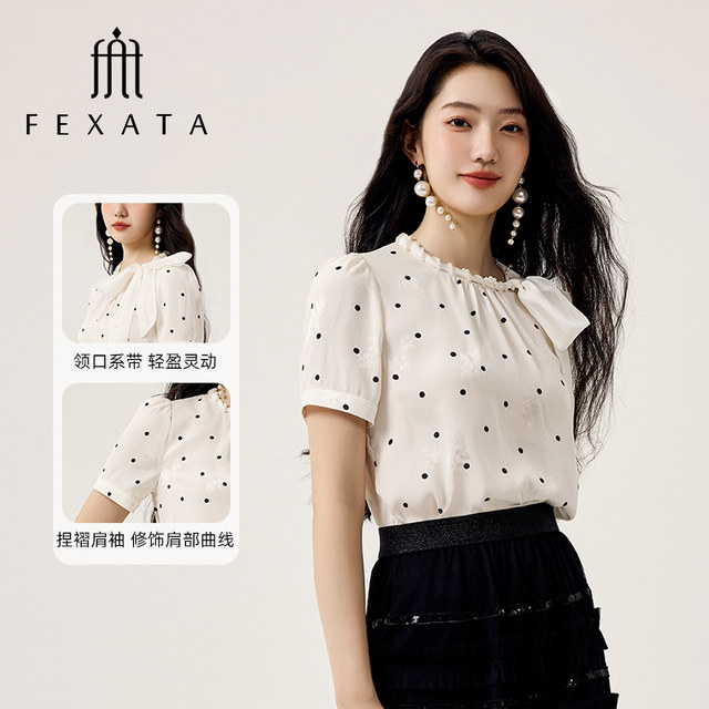 FEXATA Figus 2025 summer new product French design bow tied polka dot short-sleeved shirt for women