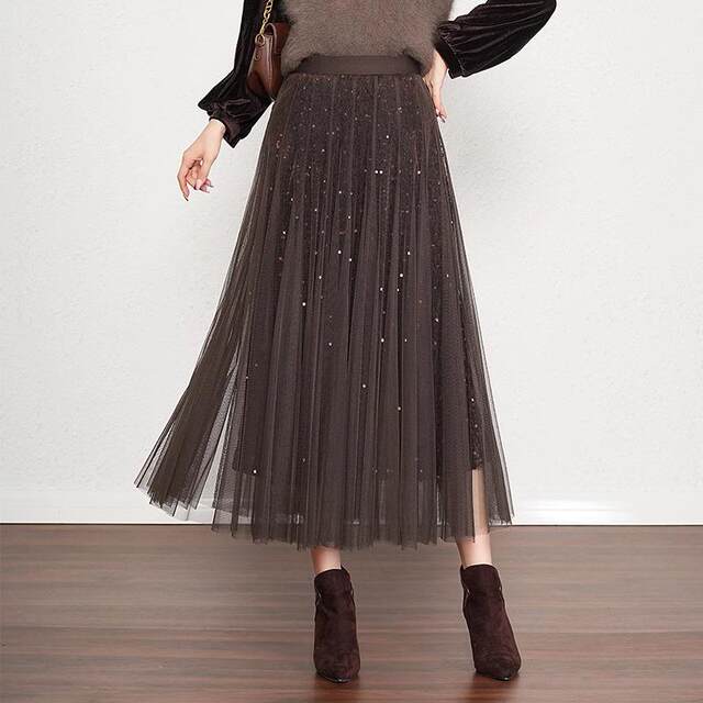 Mesh skirt velvet skirt spring and summer women's new high waist hip-covering drooping large hem skirt sequin skirt long skirt
