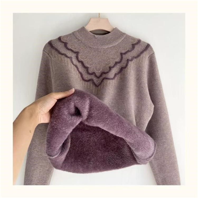 Winter plush thickened one-piece fluff sweater for mothers loose half turtle neck knitted warm bottoming elderly women's top