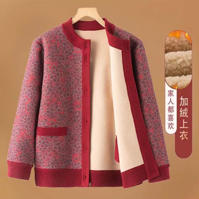 Mom's new autumn and winter velvet thickened tops for middle-aged and elderly cardigans printed casual and stylish grandma coats for women