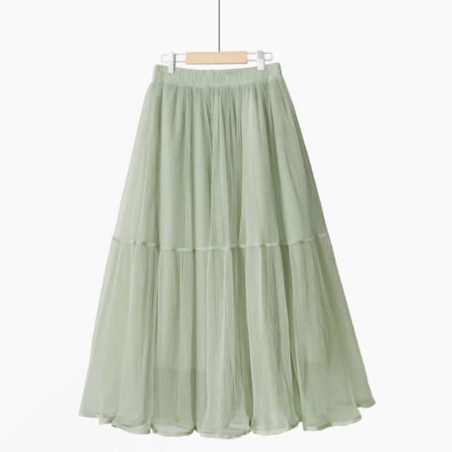 Spring new sweet solid color simple pleated fairy skirt A-line large sway high waist mesh splicing mid-length skirt
