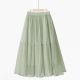 Spring new sweet solid color simple pleated fairy skirt A-line large sway high waist mesh splicing mid-length skirt

