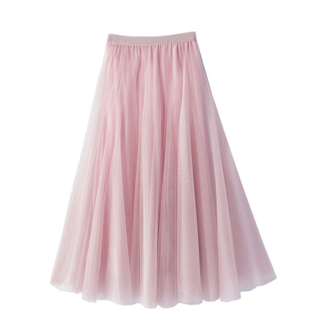Spring sweet 20 pieces spliced ​​oversized high waist dreamy solid color pleated A-line slim fairy mesh skirt
