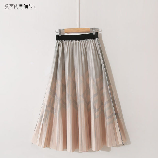 Spring high waist slim retro fashionable striped plaid contrasting color asymmetric printed mid-length skirt