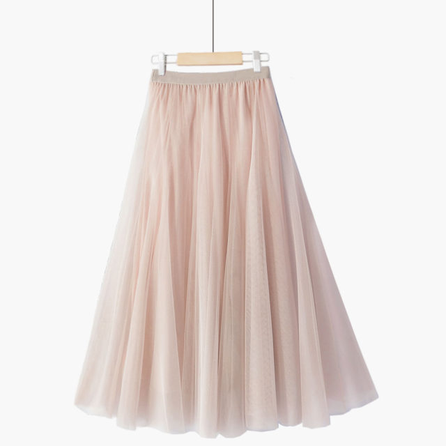 Spring sweet 20 pieces spliced ​​oversized high waist dreamy solid color pleated A-line slim fairy mesh skirt
