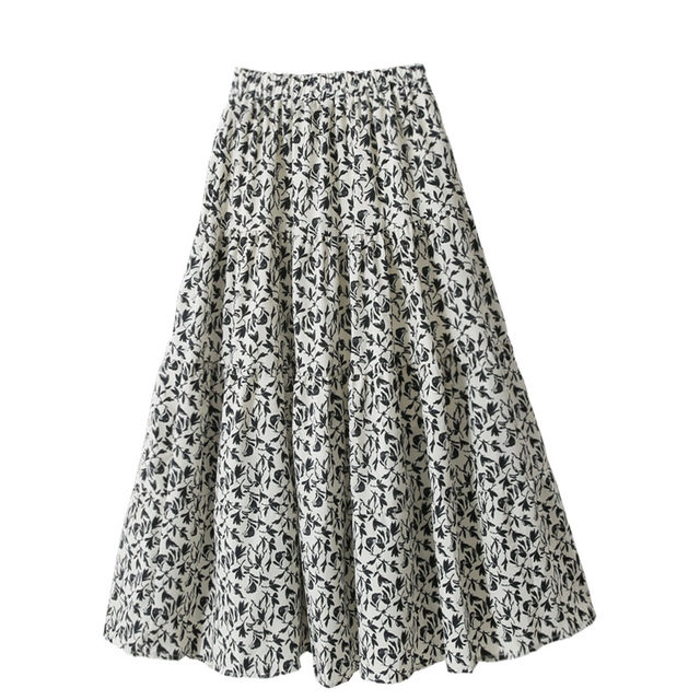 Spring Korean version of commuting high waist slim A-line large hem skirt umbrella skirt chiffon print French retro long skirt
