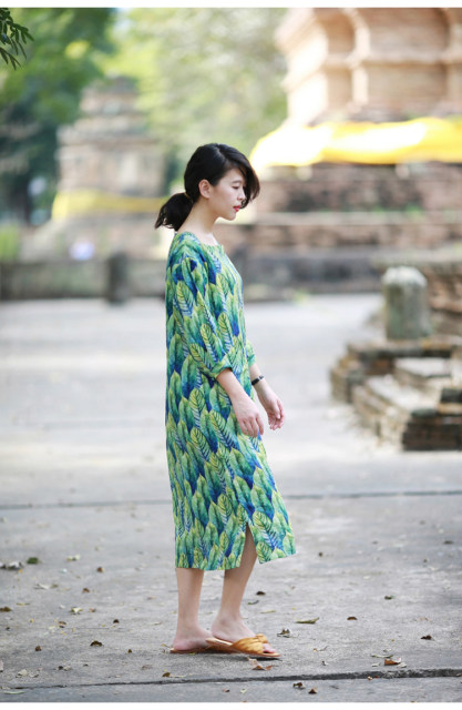 Travel design original independent printed carama seven -point sleeve square collar very summer dress over/wood