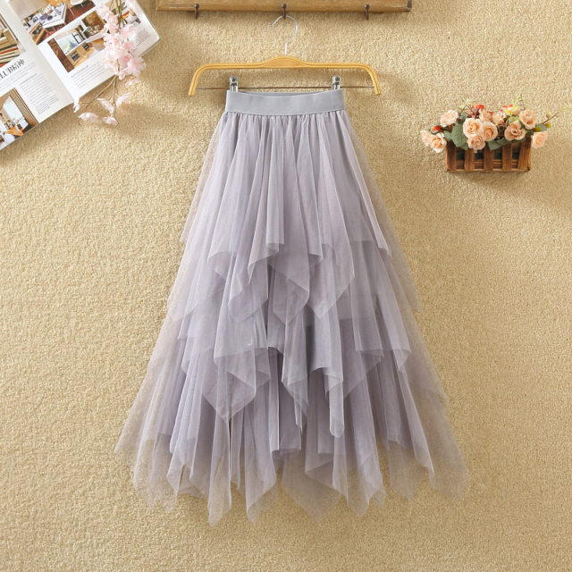 Spring and summer gauze skirt autumn and winter irregular mesh skirt high waist layer cake skirt A-line mid-length puffy skirt for women