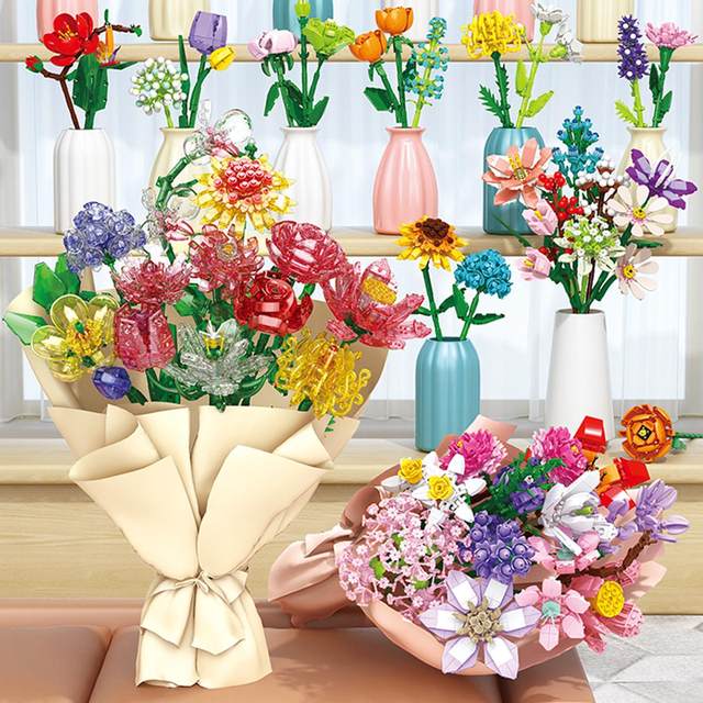 Chinese building blocks and flowers girls primary school students simulated flowers bouquet roses 520 Valentine's Day gift toys