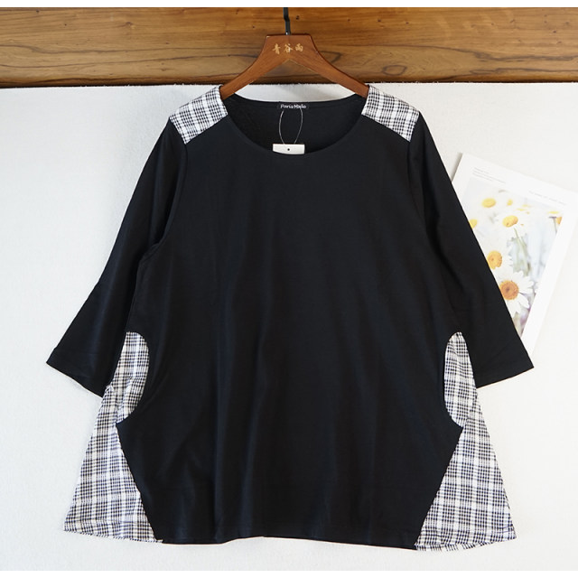 Japanese ladies cotton seven -point sleeve loose skirt shirt, spring and summer new pocket T -shirt medium long white 8337