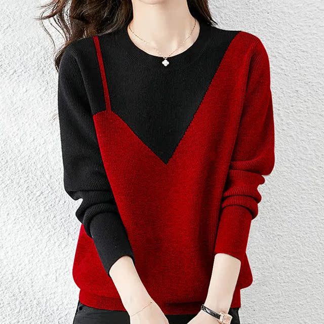 Plus size women's loose slimming pullover sweater women's autumn and winter fashion knitted bottoming shirt contrasting color foreign style outer top