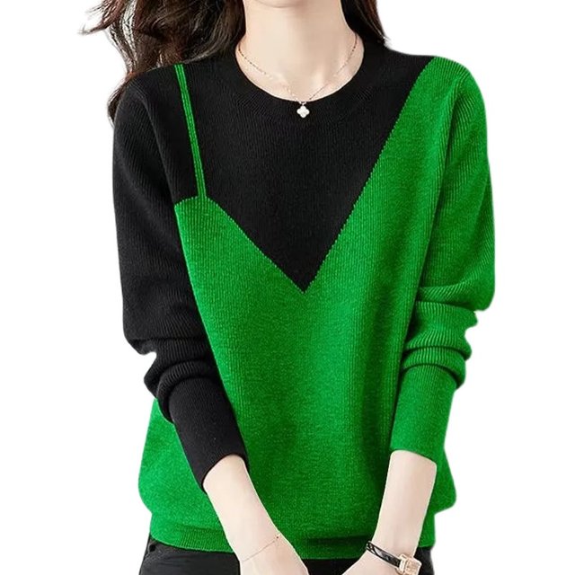 Plus size women's loose slimming pullover sweater women's autumn and winter fashion knitted bottoming shirt contrasting color foreign style outer top