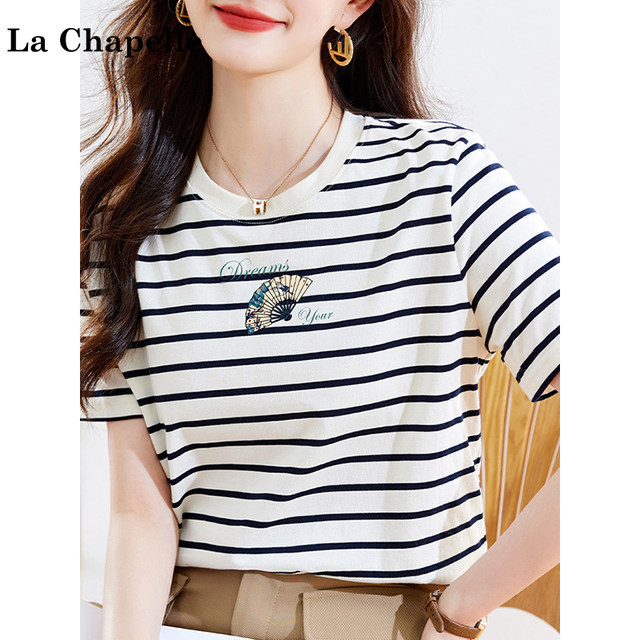 La Chapelle striped short-sleeved T-shirt for women 2025 new summer pure cotton fan letter printed round neck top
