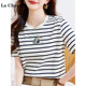 La Chapelle striped short-sleeved T-shirt for women 2025 new summer pure cotton fan letter printed round neck top
