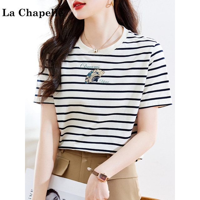 La Chapelle striped short-sleeved T-shirt for women 2025 new summer pure cotton fan letter printed round neck top
