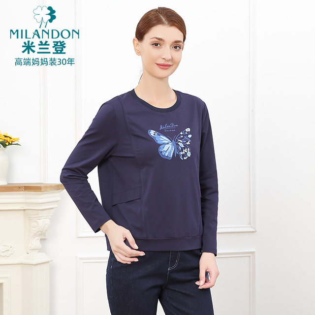 Milanden middle-aged and elderly mother's clothing 2025 autumn new round neck fashionable butterfly print T-shirt women's long-sleeved thick